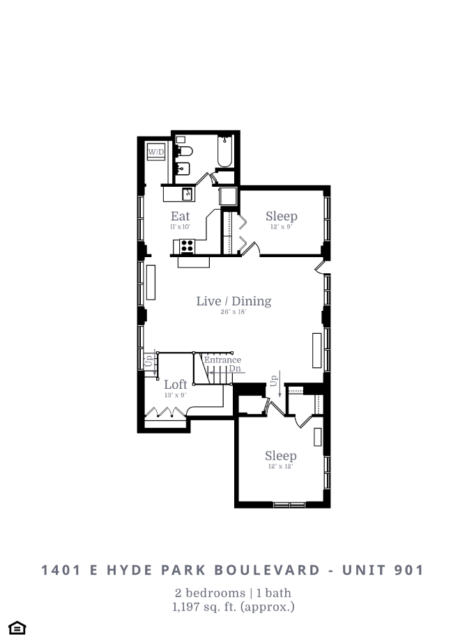 Floor plan for 2 beds, 2 baths, 1083 sqft